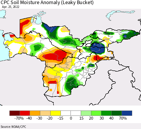Central Asia CPC Soil Moisture Anomaly (Leaky Bucket) Thematic Map For 4/21/2022 - 4/25/2022