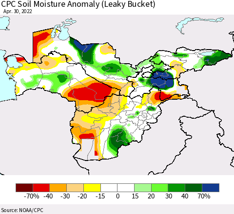 Central Asia CPC Soil Moisture Anomaly (Leaky Bucket) Thematic Map For 4/26/2022 - 4/30/2022