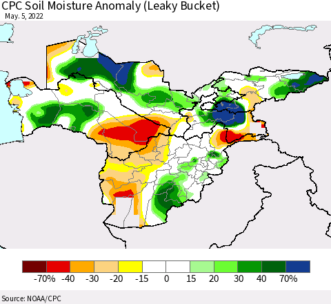 Central Asia CPC Soil Moisture Anomaly (Leaky Bucket) Thematic Map For 5/1/2022 - 5/5/2022