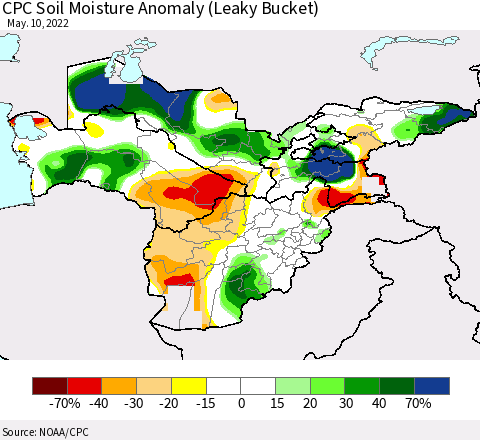Central Asia CPC Soil Moisture Anomaly (Leaky Bucket) Thematic Map For 5/6/2022 - 5/10/2022