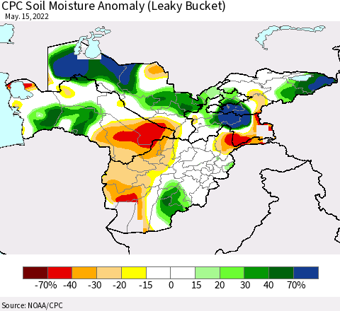 Central Asia CPC Soil Moisture Anomaly (Leaky Bucket) Thematic Map For 5/11/2022 - 5/15/2022