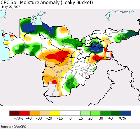 Central Asia CPC Soil Moisture Anomaly (Leaky Bucket) Thematic Map For 5/16/2022 - 5/20/2022