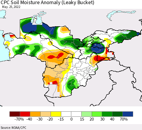Central Asia CPC Soil Moisture Anomaly (Leaky Bucket) Thematic Map For 5/21/2022 - 5/25/2022