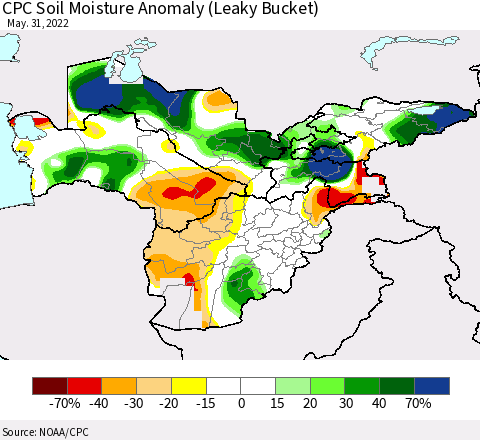 Central Asia CPC Soil Moisture Anomaly (Leaky Bucket) Thematic Map For 5/26/2022 - 5/31/2022