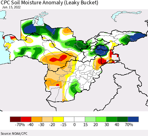 Central Asia CPC Soil Moisture Anomaly (Leaky Bucket) Thematic Map For 6/11/2022 - 6/15/2022