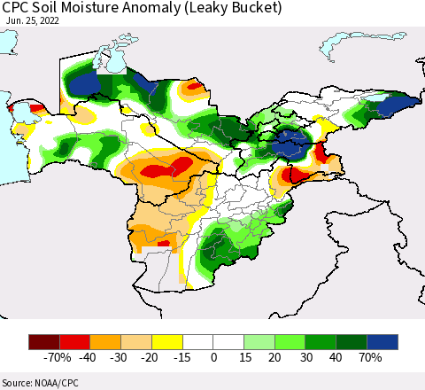 Central Asia CPC Soil Moisture Anomaly (Leaky Bucket) Thematic Map For 6/21/2022 - 6/25/2022
