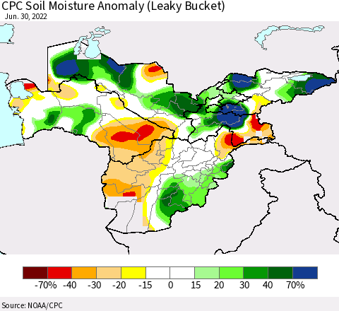 Central Asia CPC Soil Moisture Anomaly (Leaky Bucket) Thematic Map For 6/26/2022 - 6/30/2022
