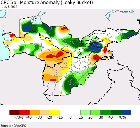 Central Asia CPC Soil Moisture Anomaly (Leaky Bucket) Thematic Map For 7/1/2022 - 7/5/2022