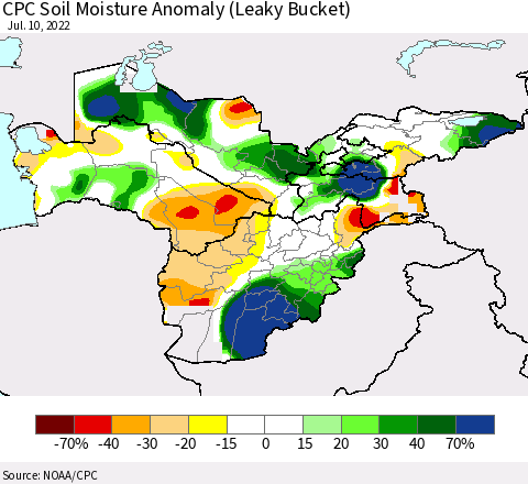 Central Asia CPC Soil Moisture Anomaly (Leaky Bucket) Thematic Map For 7/6/2022 - 7/10/2022