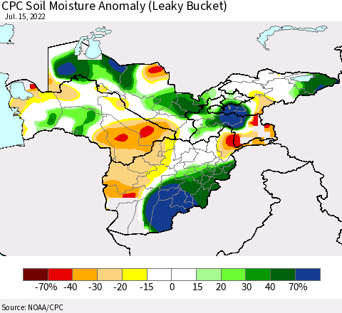 Central Asia CPC Soil Moisture Anomaly (Leaky Bucket) Thematic Map For 7/11/2022 - 7/15/2022