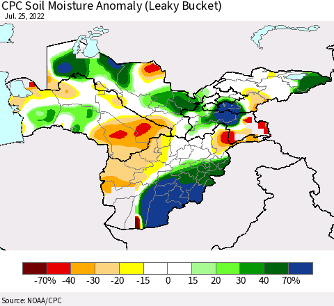Central Asia CPC Soil Moisture Anomaly (Leaky Bucket) Thematic Map For 7/21/2022 - 7/25/2022