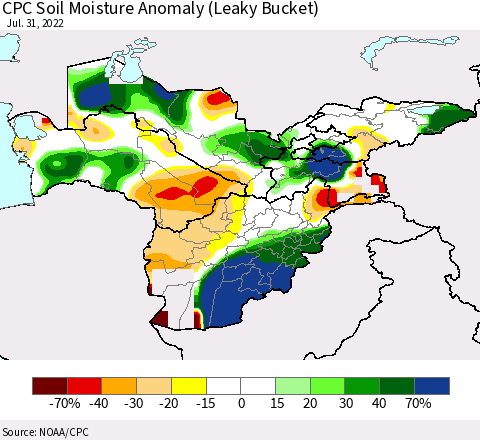 Central Asia CPC Soil Moisture Anomaly (Leaky Bucket) Thematic Map For 7/26/2022 - 7/31/2022