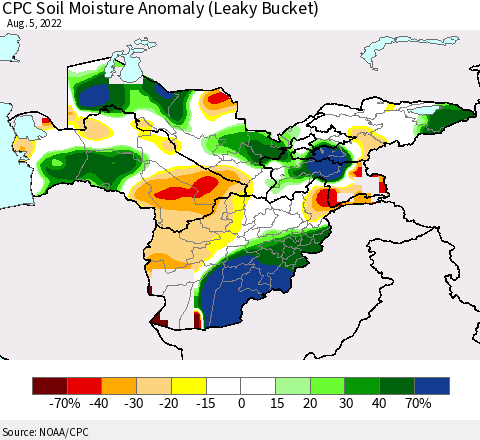 Central Asia CPC Soil Moisture Anomaly (Leaky Bucket) Thematic Map For 8/1/2022 - 8/5/2022