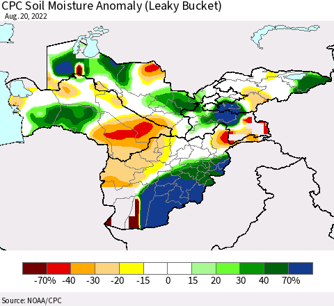 Central Asia CPC Soil Moisture Anomaly (Leaky Bucket) Thematic Map For 8/16/2022 - 8/20/2022