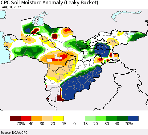 Central Asia CPC Soil Moisture Anomaly (Leaky Bucket) Thematic Map For 8/26/2022 - 8/31/2022