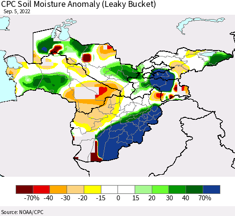 Central Asia CPC Soil Moisture Anomaly (Leaky Bucket) Thematic Map For 9/1/2022 - 9/5/2022
