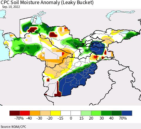 Central Asia CPC Soil Moisture Anomaly (Leaky Bucket) Thematic Map For 9/6/2022 - 9/10/2022