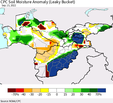 Central Asia CPC Soil Moisture Anomaly (Leaky Bucket) Thematic Map For 9/11/2022 - 9/15/2022