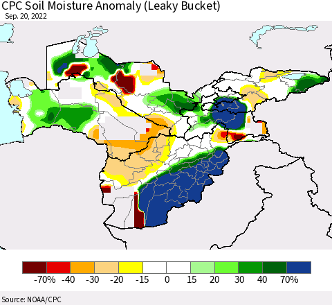 Central Asia CPC Soil Moisture Anomaly (Leaky Bucket) Thematic Map For 9/16/2022 - 9/20/2022