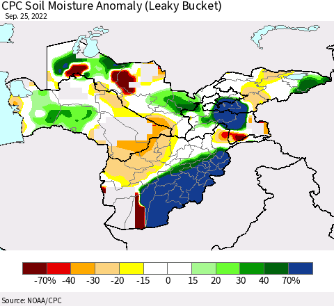Central Asia CPC Soil Moisture Anomaly (Leaky Bucket) Thematic Map For 9/21/2022 - 9/25/2022