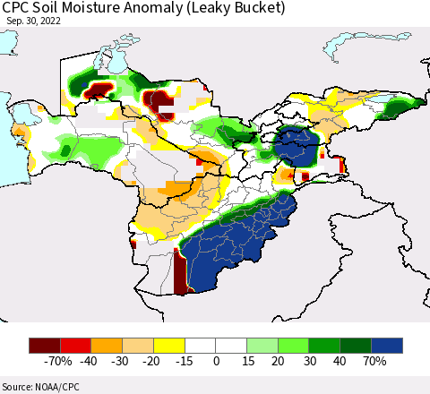 Central Asia CPC Soil Moisture Anomaly (Leaky Bucket) Thematic Map For 9/26/2022 - 9/30/2022