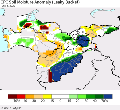 Central Asia CPC Soil Moisture Anomaly (Leaky Bucket) Thematic Map For 10/1/2022 - 10/5/2022