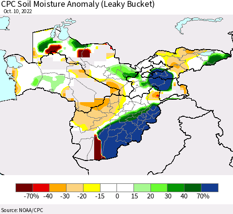 Central Asia CPC Soil Moisture Anomaly (Leaky Bucket) Thematic Map For 10/6/2022 - 10/10/2022
