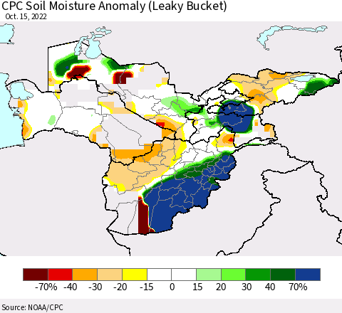 Central Asia CPC Soil Moisture Anomaly (Leaky Bucket) Thematic Map For 10/11/2022 - 10/15/2022