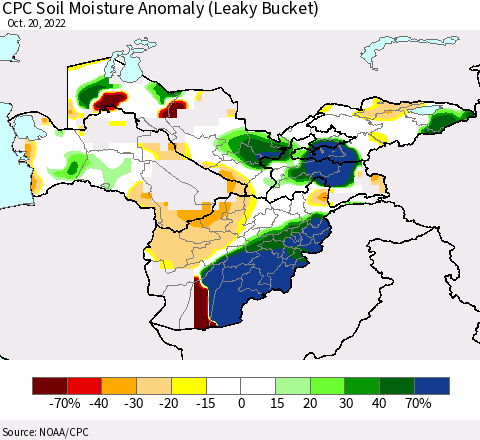 Central Asia CPC Soil Moisture Anomaly (Leaky Bucket) Thematic Map For 10/16/2022 - 10/20/2022