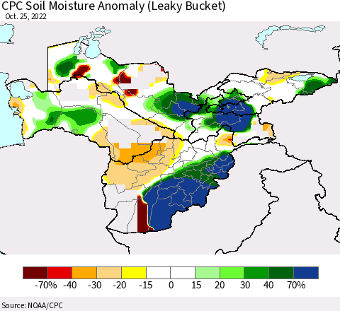 Central Asia CPC Soil Moisture Anomaly (Leaky Bucket) Thematic Map For 10/21/2022 - 10/25/2022