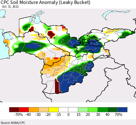 Central Asia CPC Soil Moisture Anomaly (Leaky Bucket) Thematic Map For 10/26/2022 - 10/31/2022