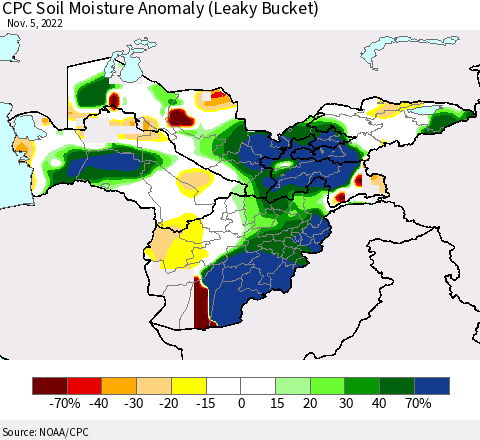 Central Asia CPC Soil Moisture Anomaly (Leaky Bucket) Thematic Map For 11/1/2022 - 11/5/2022