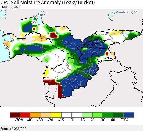 Central Asia CPC Soil Moisture Anomaly (Leaky Bucket) Thematic Map For 11/6/2022 - 11/10/2022