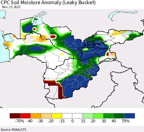 Central Asia CPC Soil Moisture Anomaly (Leaky Bucket) Thematic Map For 11/11/2022 - 11/15/2022
