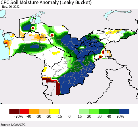 Central Asia CPC Soil Moisture Anomaly (Leaky Bucket) Thematic Map For 11/16/2022 - 11/20/2022