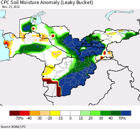 Central Asia CPC Soil Moisture Anomaly (Leaky Bucket) Thematic Map For 11/21/2022 - 11/25/2022