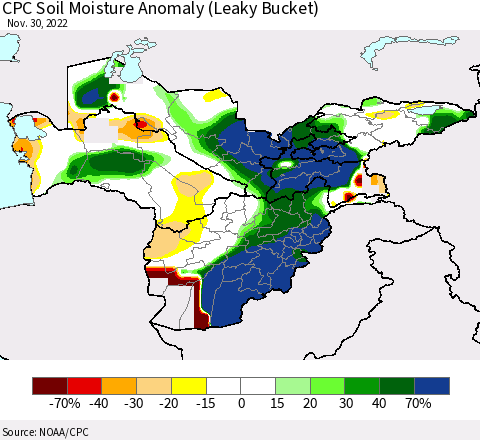 Central Asia CPC Soil Moisture Anomaly (Leaky Bucket) Thematic Map For 11/26/2022 - 11/30/2022