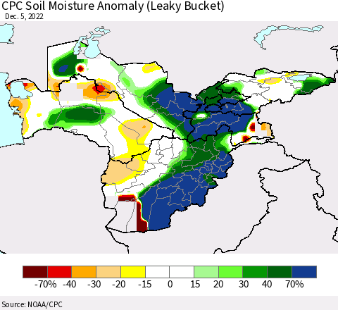 Central Asia CPC Soil Moisture Anomaly (Leaky Bucket) Thematic Map For 12/1/2022 - 12/5/2022