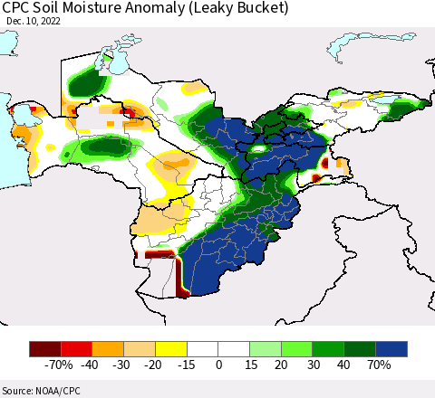 Central Asia CPC Soil Moisture Anomaly (Leaky Bucket) Thematic Map For 12/6/2022 - 12/10/2022