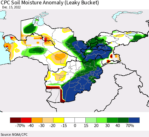 Central Asia CPC Soil Moisture Anomaly (Leaky Bucket) Thematic Map For 12/11/2022 - 12/15/2022