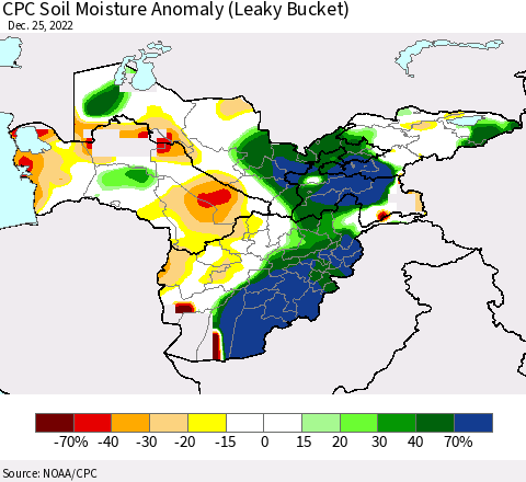 Central Asia CPC Soil Moisture Anomaly (Leaky Bucket) Thematic Map For 12/21/2022 - 12/25/2022