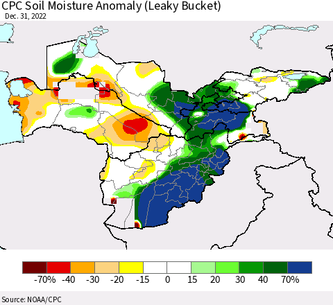 Central Asia CPC Soil Moisture Anomaly (Leaky Bucket) Thematic Map For 12/26/2022 - 12/31/2022