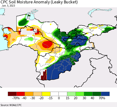Central Asia CPC Soil Moisture Anomaly (Leaky Bucket) Thematic Map For 1/1/2023 - 1/5/2023