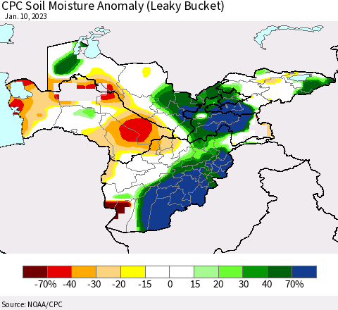 Central Asia CPC Soil Moisture Anomaly (Leaky Bucket) Thematic Map For 1/6/2023 - 1/10/2023