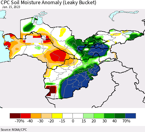 Central Asia CPC Soil Moisture Anomaly (Leaky Bucket) Thematic Map For 1/11/2023 - 1/15/2023