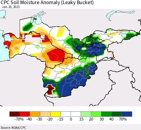 Central Asia CPC Soil Moisture Anomaly (Leaky Bucket) Thematic Map For 1/16/2023 - 1/20/2023