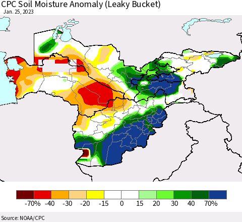Central Asia CPC Soil Moisture Anomaly (Leaky Bucket) Thematic Map For 1/21/2023 - 1/25/2023