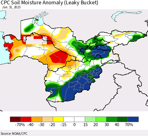Central Asia CPC Soil Moisture Anomaly (Leaky Bucket) Thematic Map For 1/26/2023 - 1/31/2023