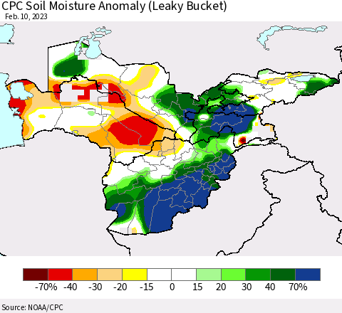Central Asia CPC Soil Moisture Anomaly (Leaky Bucket) Thematic Map For 2/6/2023 - 2/10/2023