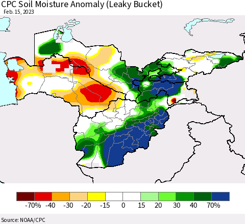 Central Asia CPC Soil Moisture Anomaly (Leaky Bucket) Thematic Map For 2/11/2023 - 2/15/2023